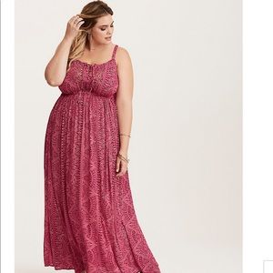 RED & WHITE GEO PRINT EMBELLISHED GAUZE MAXI DRESS